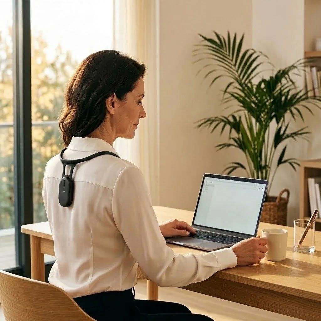Woman sitting with perfect posture at desk